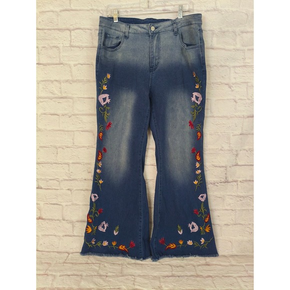 Unbranded Denim - Embroidered Floral Flare Leg Blue Jeans High Rise Raw Hem 34 Waist Boho Hippie
